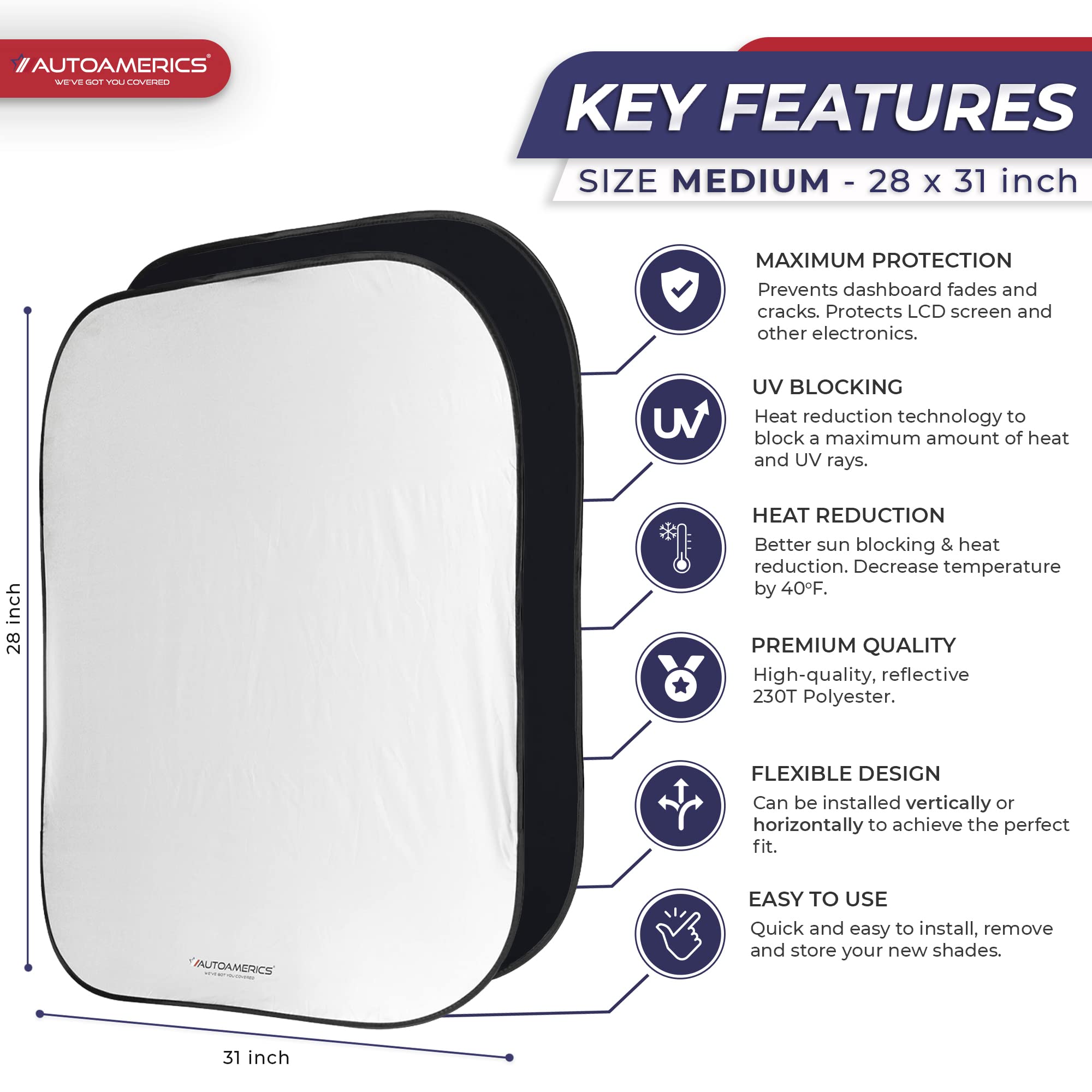 Amazon.com: Autoamerics 2-Piece Windshield Sun Shade - 28 x 31 in